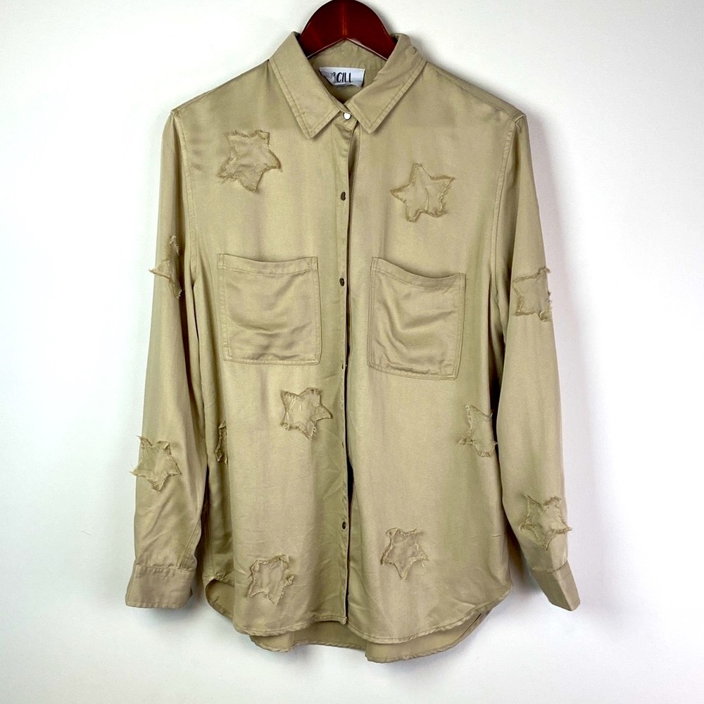Elegant Beige Star Pattern Button-Down Shirt